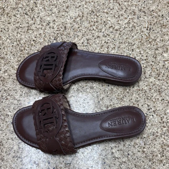 Lauren Ralph Lauren Alegra Woven Leather Brown Slide Sandals - Picture 3 of 10